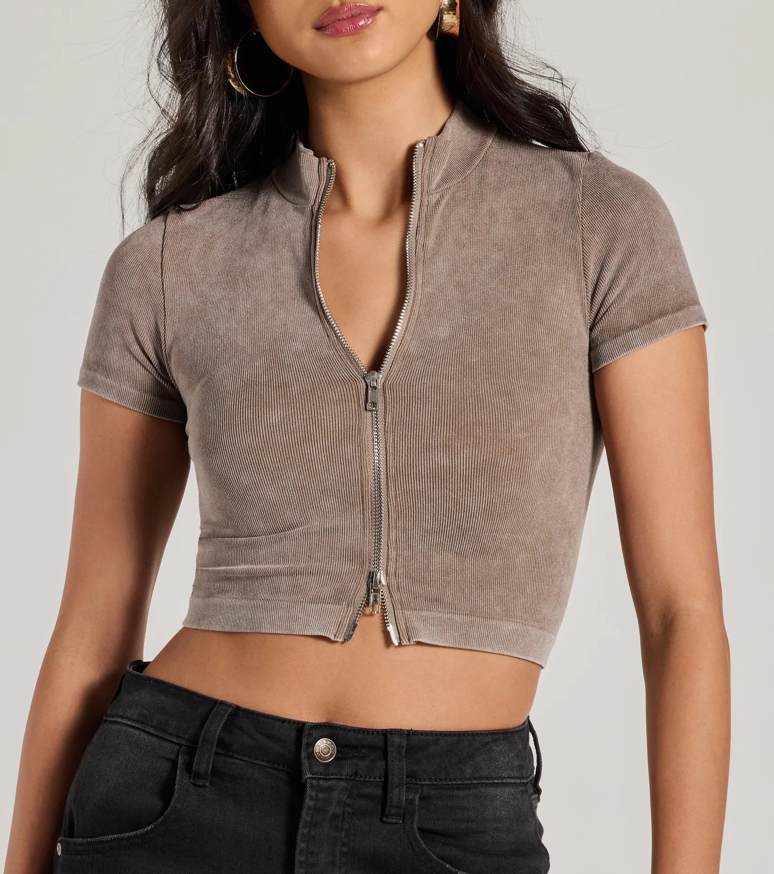 Trending Vibe Short Sleeve Zip Up Crop Top - Image 4