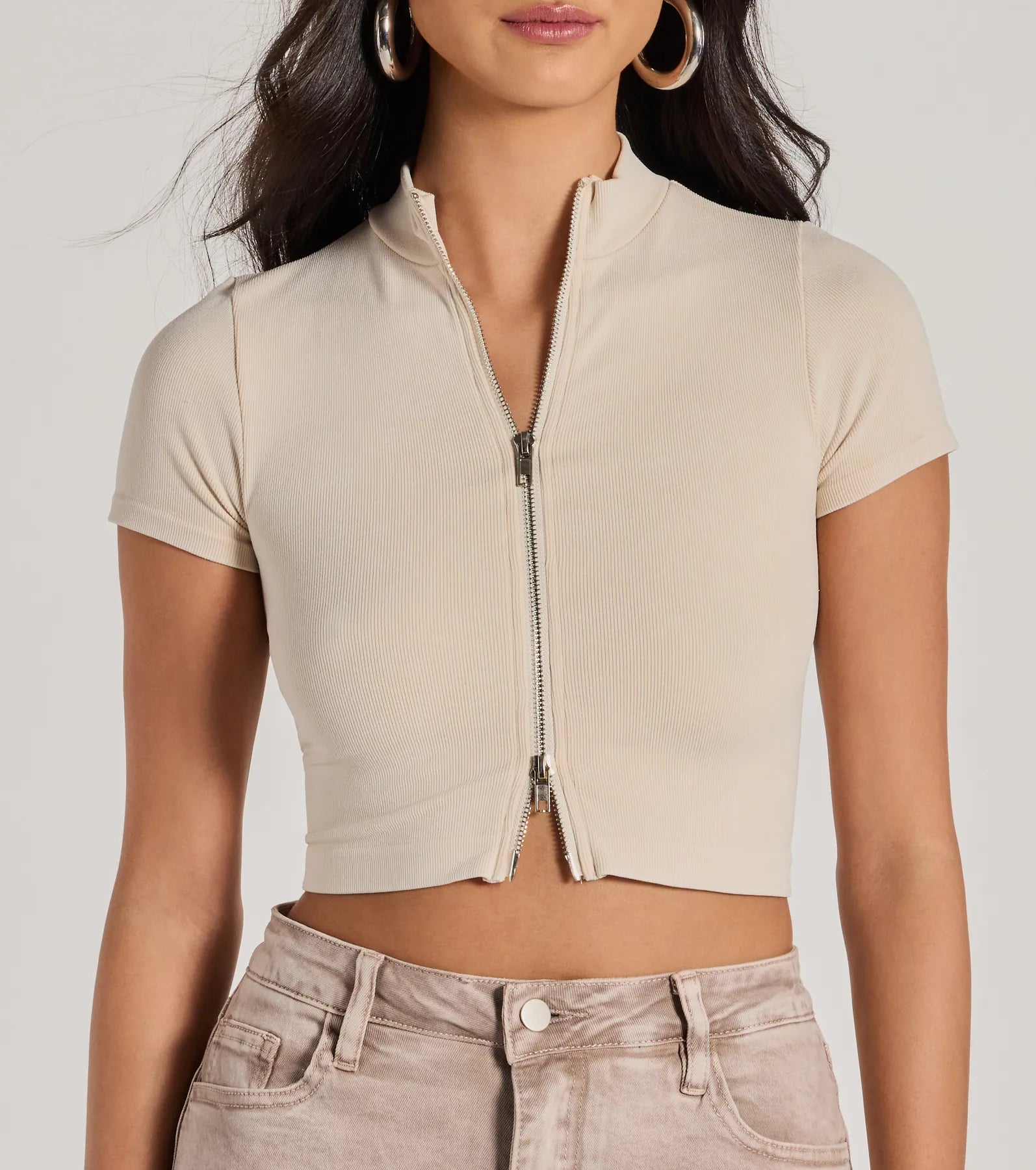 Trending Vibe Short Sleeve Zip Up Crop Top - Image 9