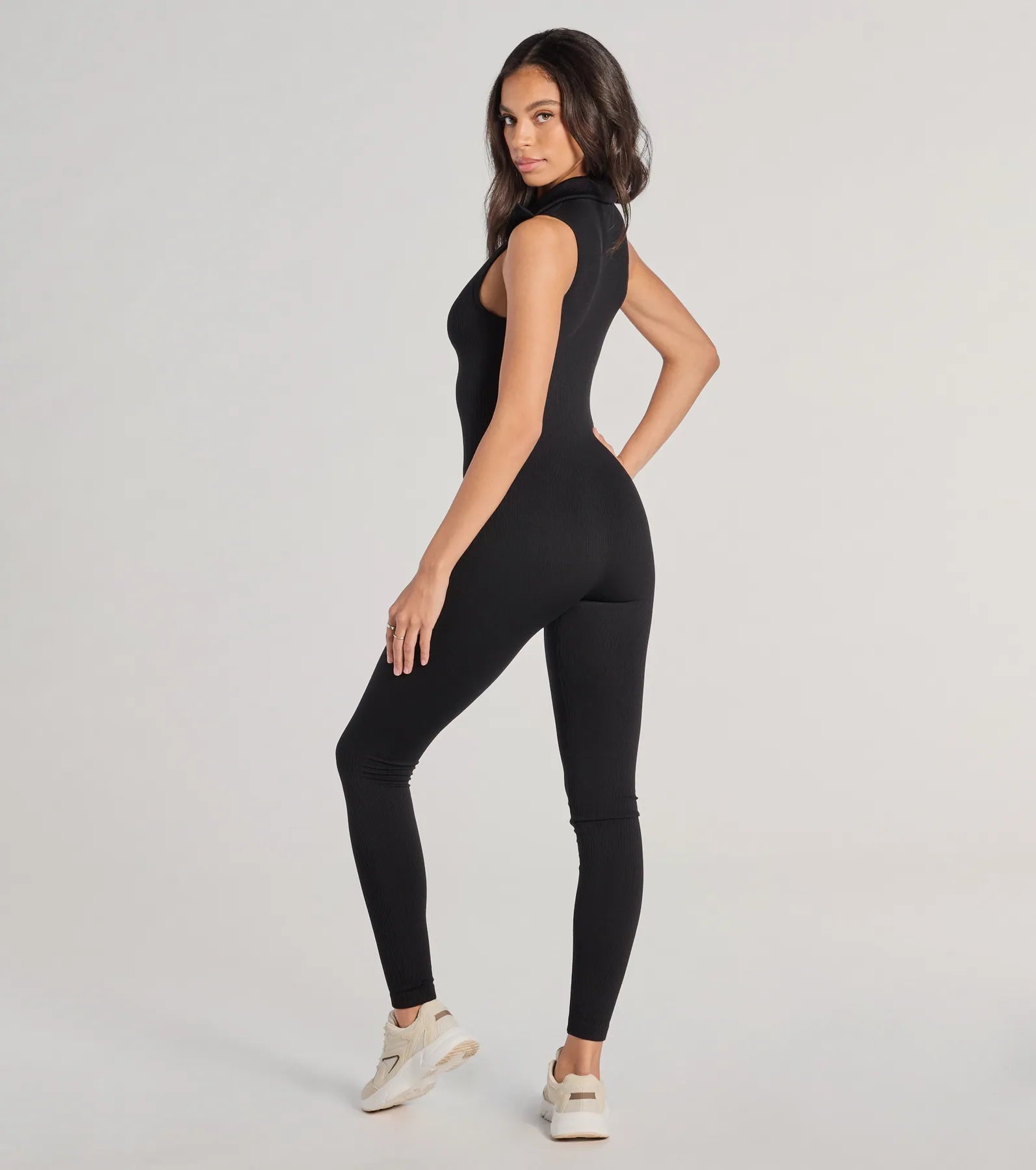 Off Duty Chic Sleeveless Collared Zip-Up Catsuit - Image 2