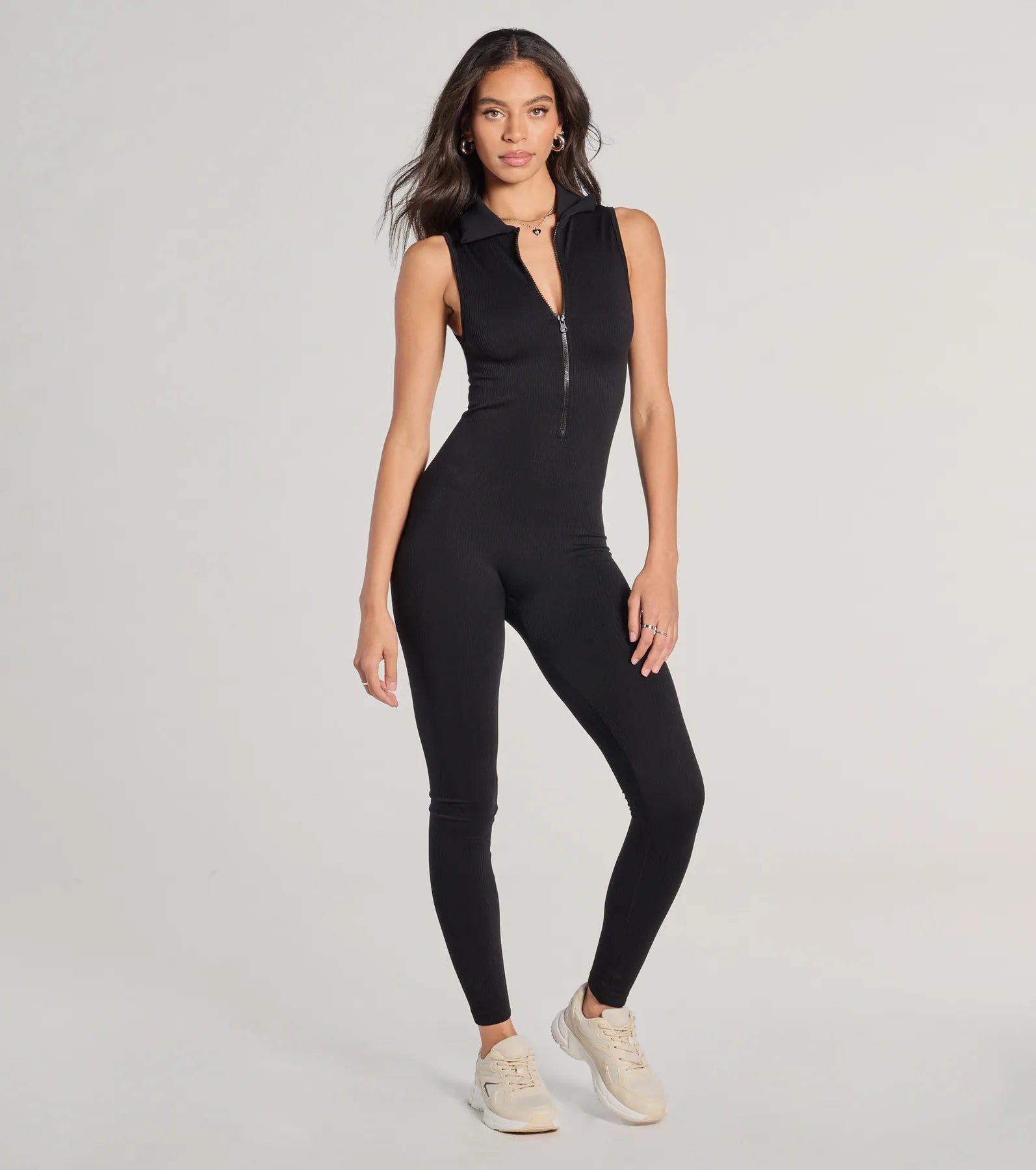 Off Duty Chic Sleeveless Collared Zip-Up Catsuit - Image 4