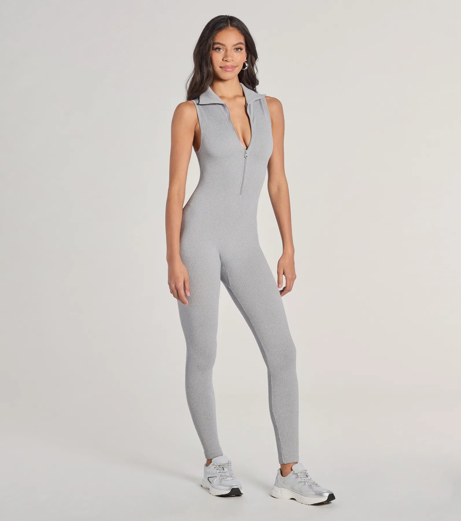 Off Duty Chic Sleeveless Collared Zip-Up Catsuit - Image 5