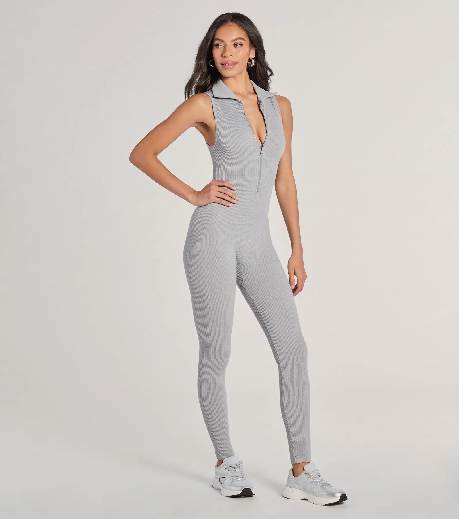 Off Duty Chic Sleeveless Collared Zip-Up Catsuit - Image 8