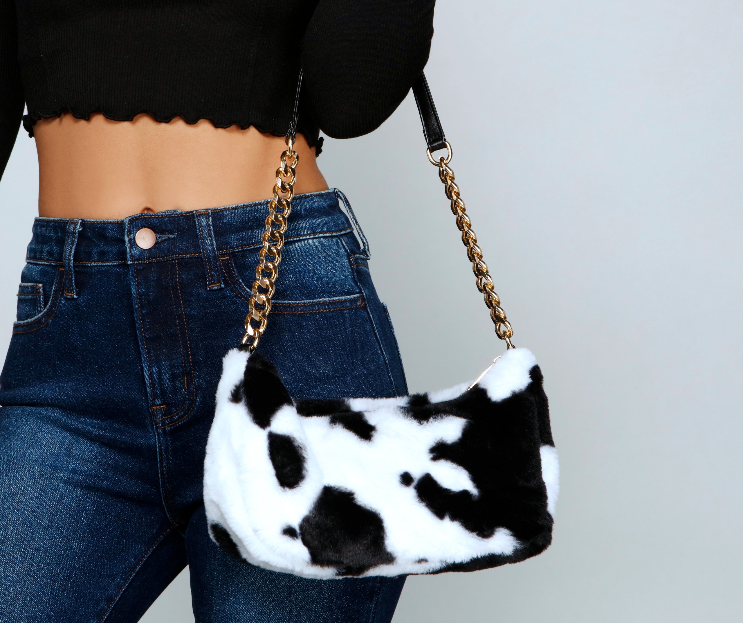 Cow Print Faux Fur Shoulder Bag - Image 2
