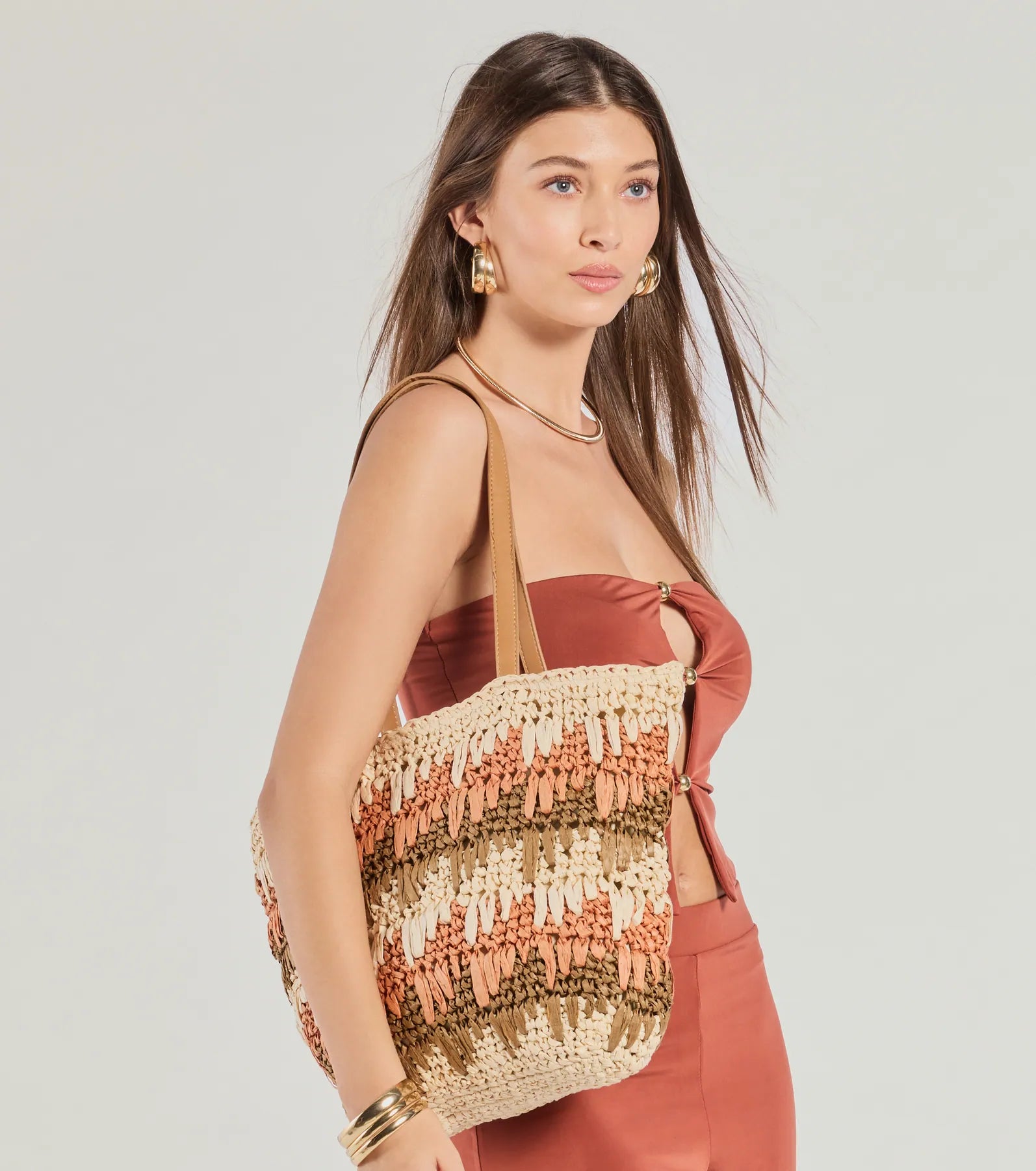 Paradise Bound Braided Striped Straw Tote Bag - Image 3