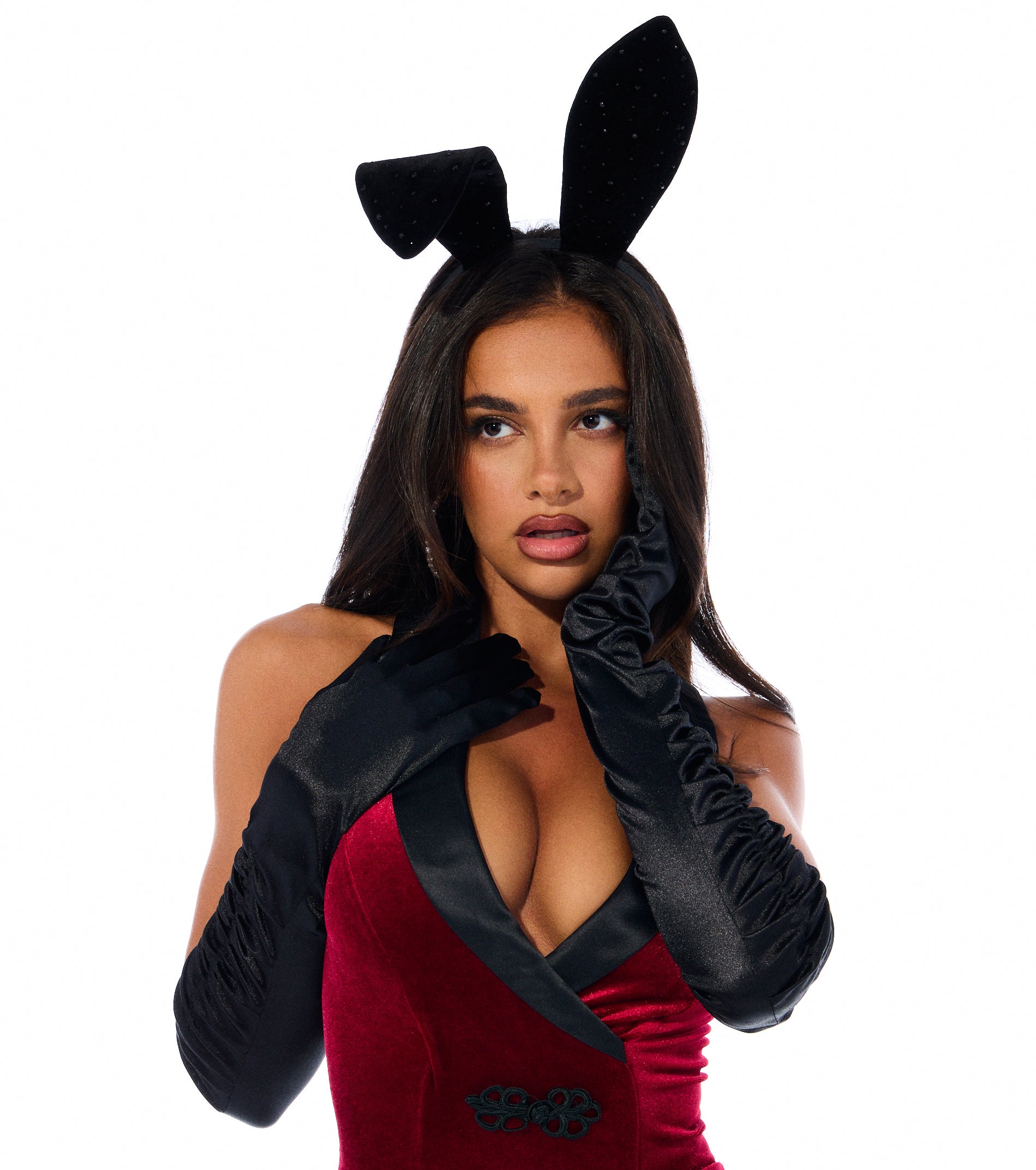 Midnight Glam Long Ruffled Satin Gloves - Image 2