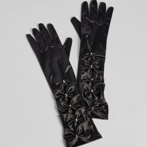 Vintage Charm Satin Rhinestone Bow Gloves