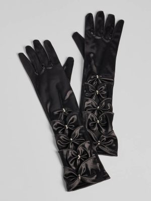 Vintage Charm Satin Rhinestone Bow Gloves