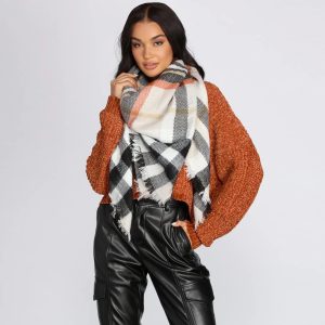 Spiced Latte Plaid Fringe Blanket Scarf