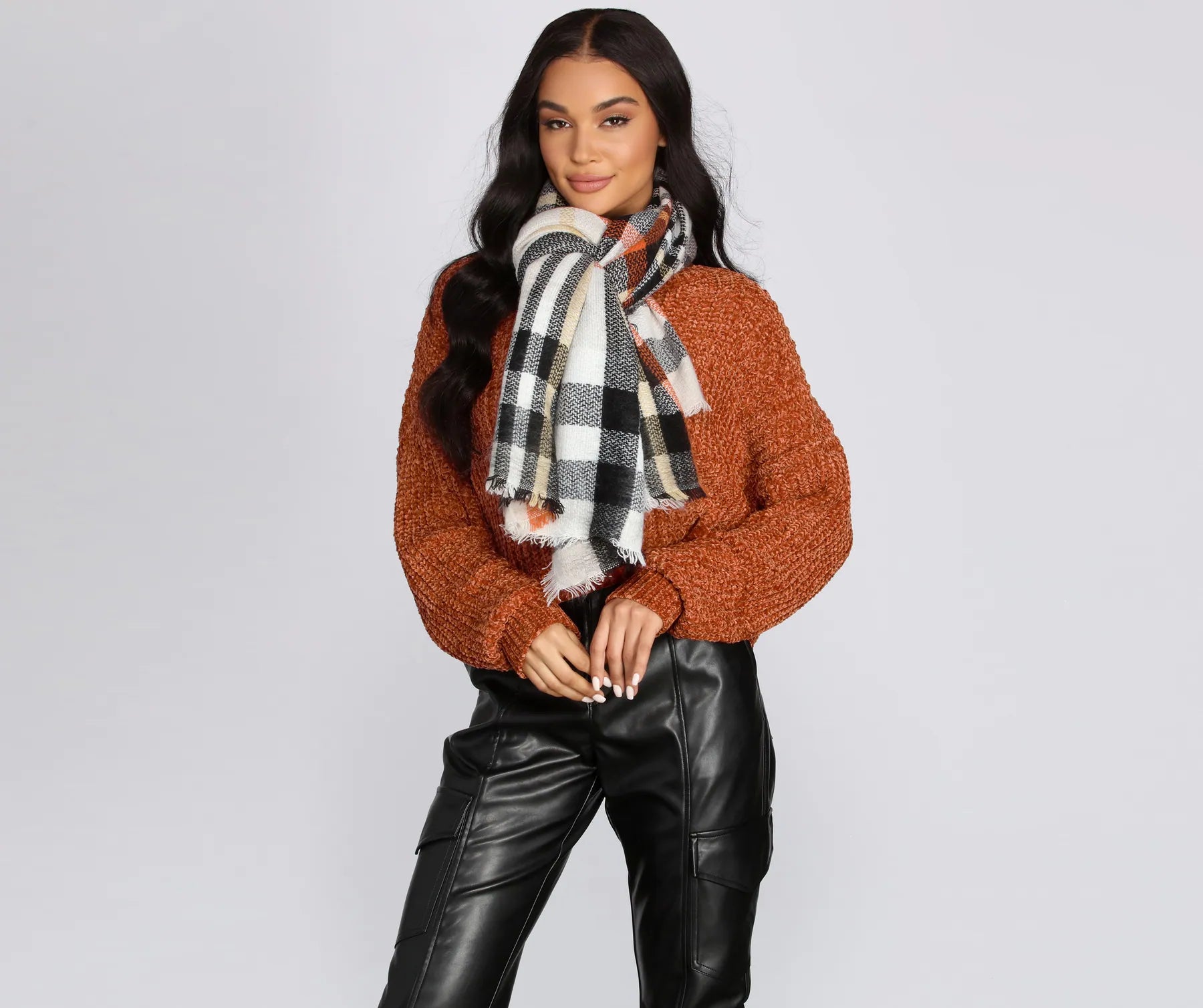 Spiced Latte Plaid Fringe Blanket Scarf - Image 2