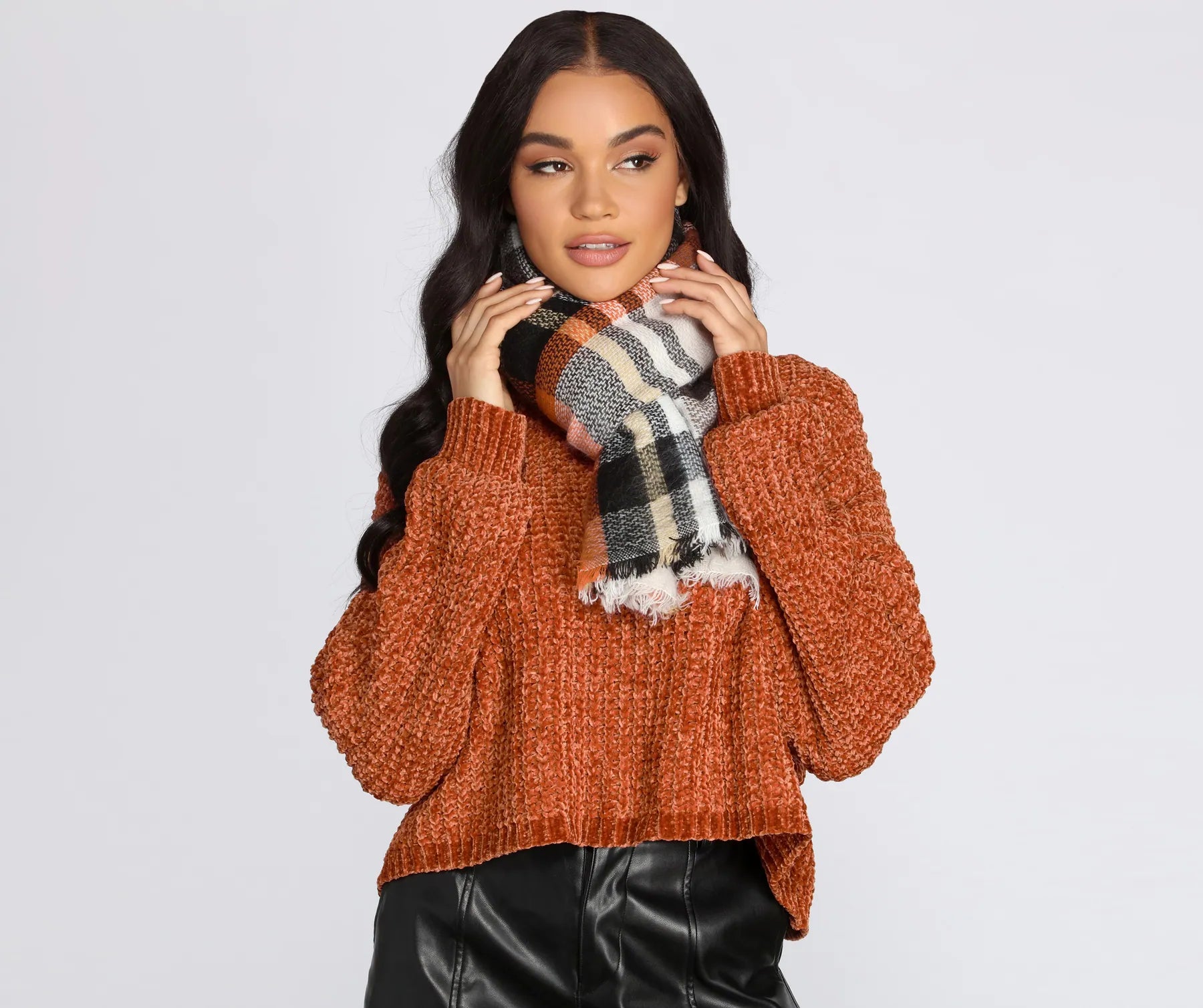 Spiced Latte Plaid Fringe Blanket Scarf - Image 3