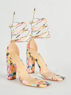 Bold Strut Floral Lace-Up Block Heels