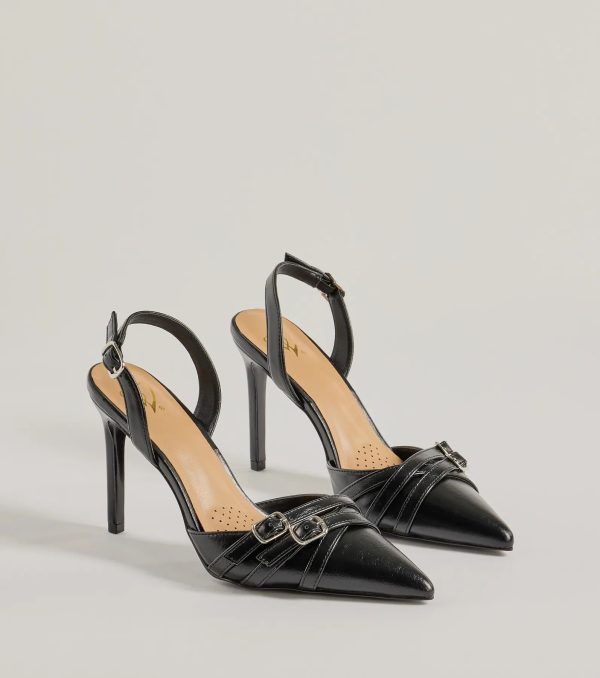 Sleek Buckle Strap Sling-Back Stiletto Pumps - Image 6