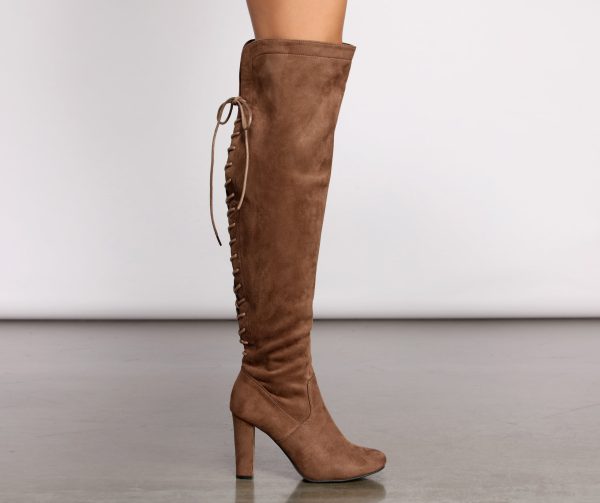 Lace Back Over The Knee Block Heeled Boots - Image 2