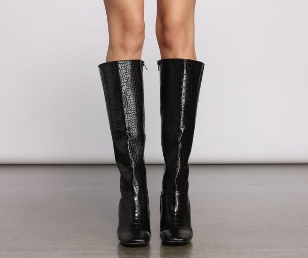 Sleek Style Croc Embossed Heeled Boots - Image 4