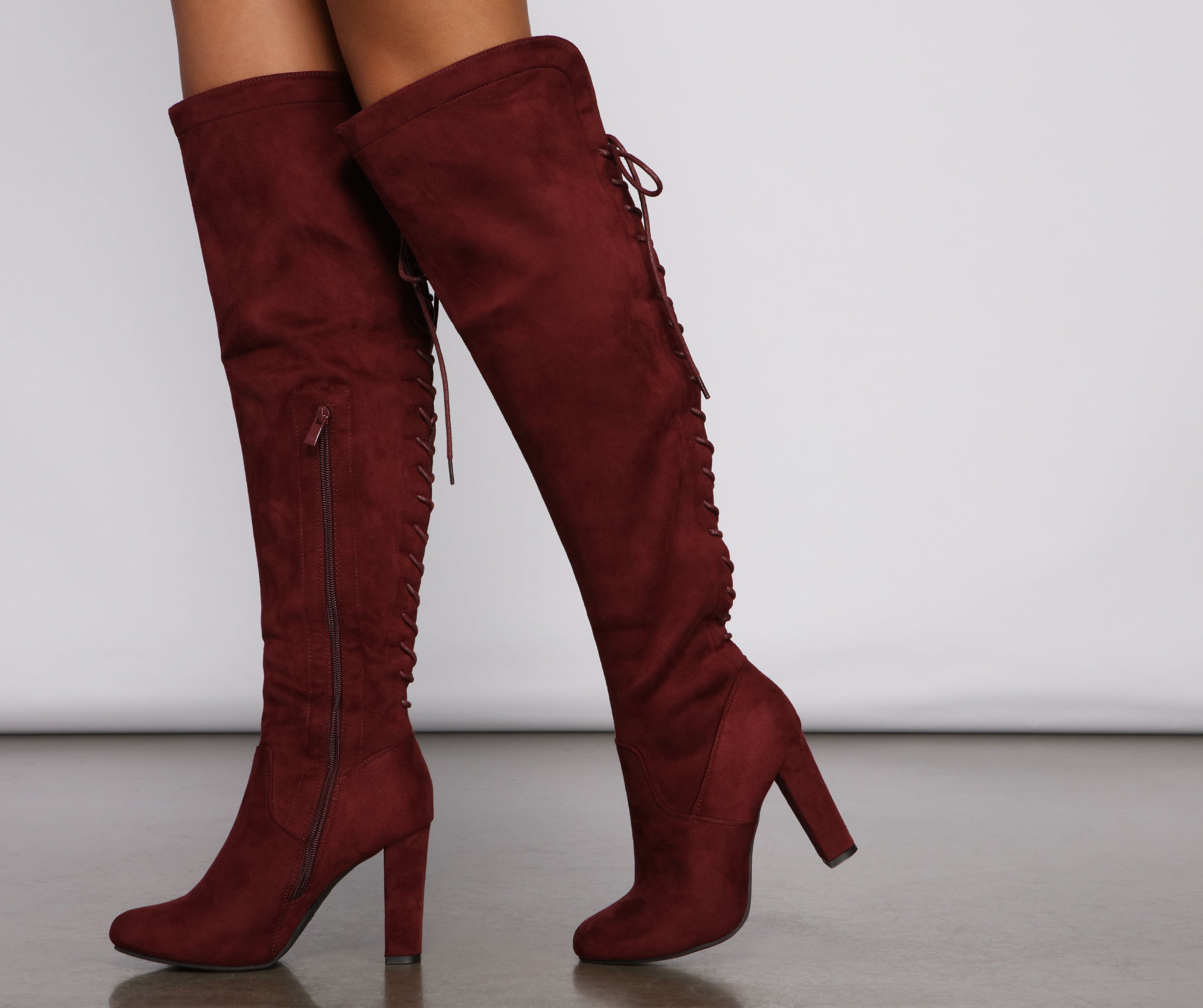 Lace Back Over The Knee Block Heeled Boots - Image 16