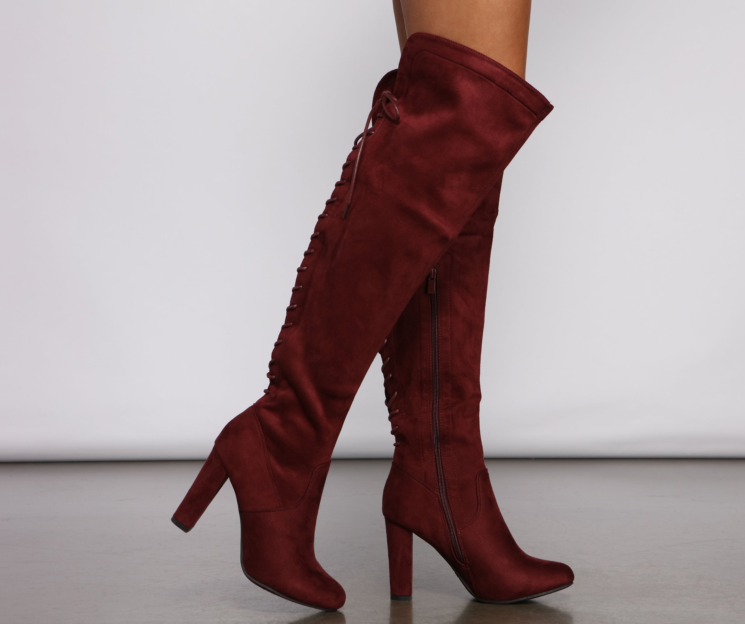 Lace Back Over The Knee Block Heeled Boots - Image 17