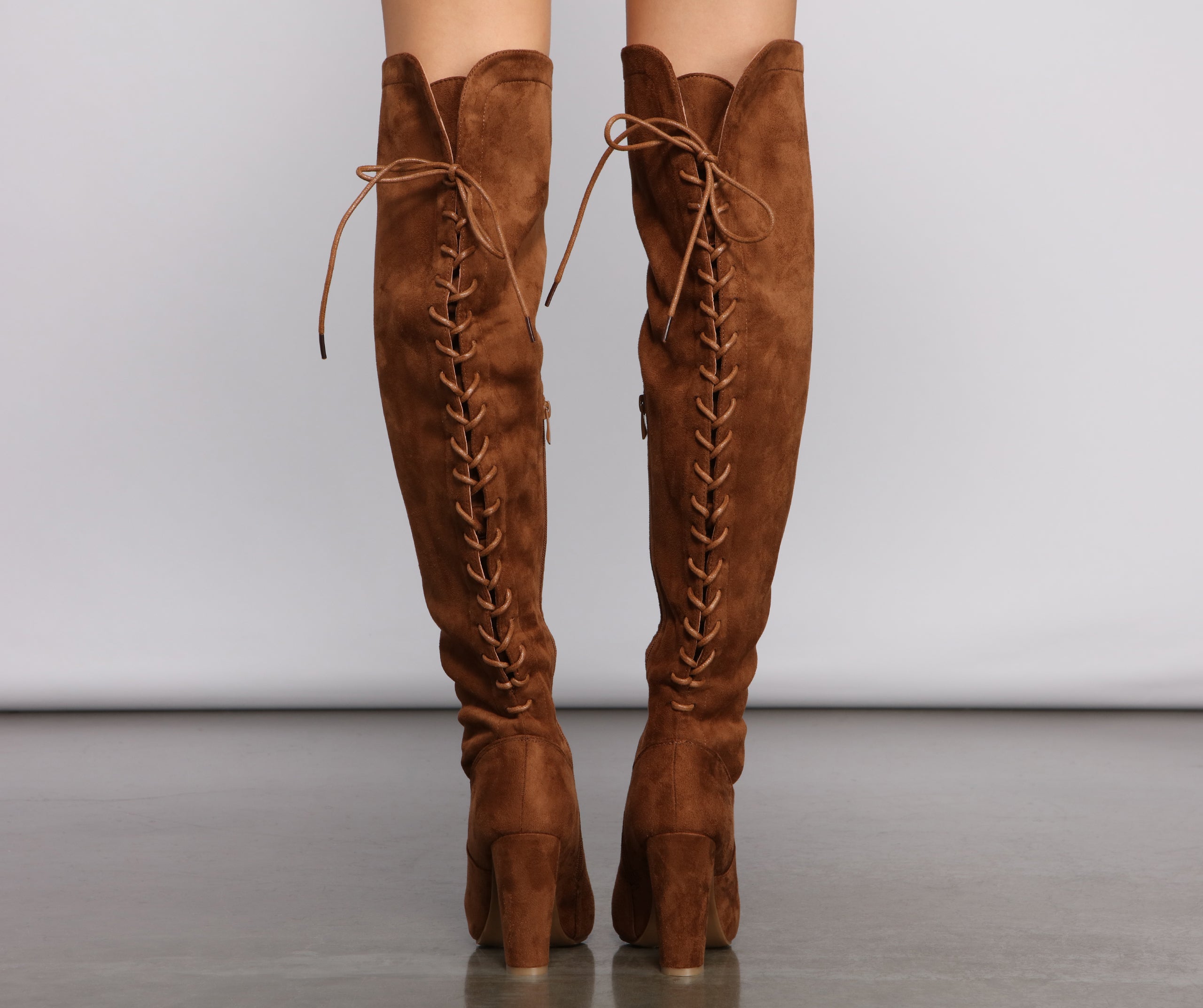 Lace Back Over The Knee Block Heeled Boots - Image 15
