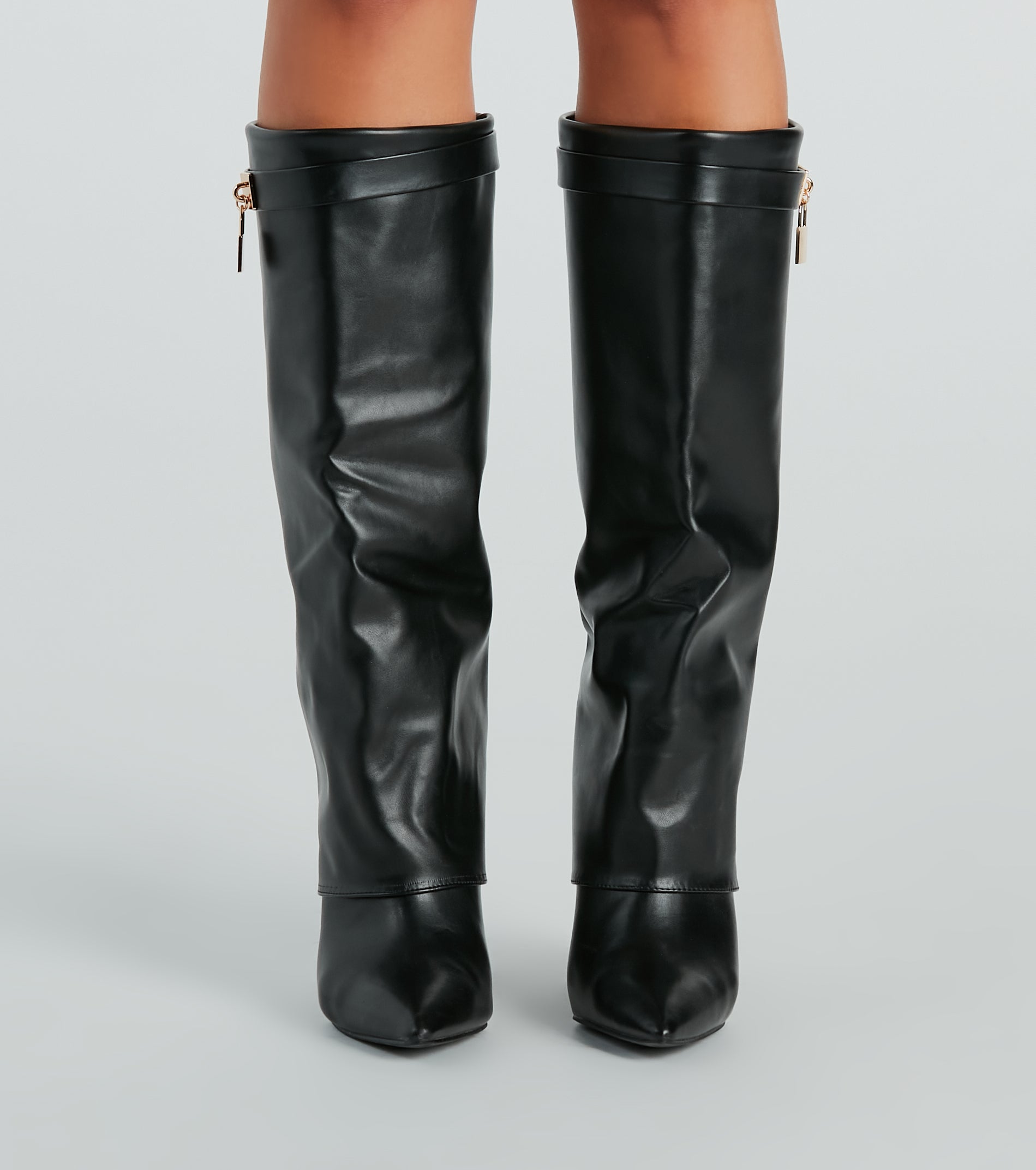 Top Tier Faux Leather Charm Foldover Boots - Image 2