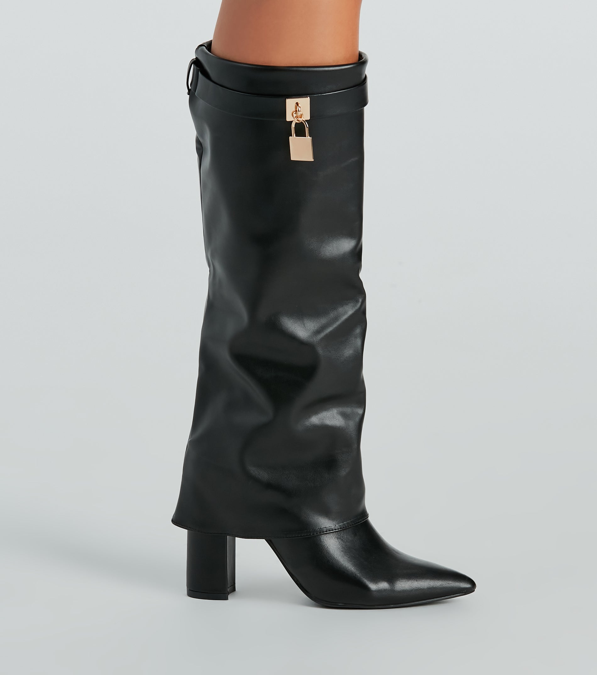 Top Tier Faux Leather Charm Foldover Boots - Image 3