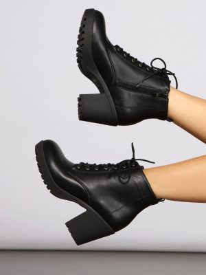 Lace Up Faux Leather Lug Booties