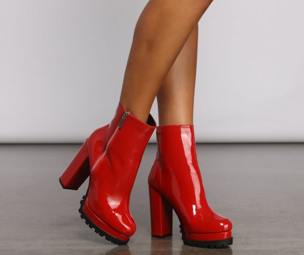 Red Hot Faux Patent Leather Lug Booties - Image 3