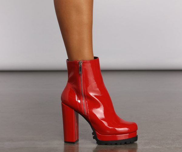 Red Hot Faux Patent Leather Lug Booties - Image 5