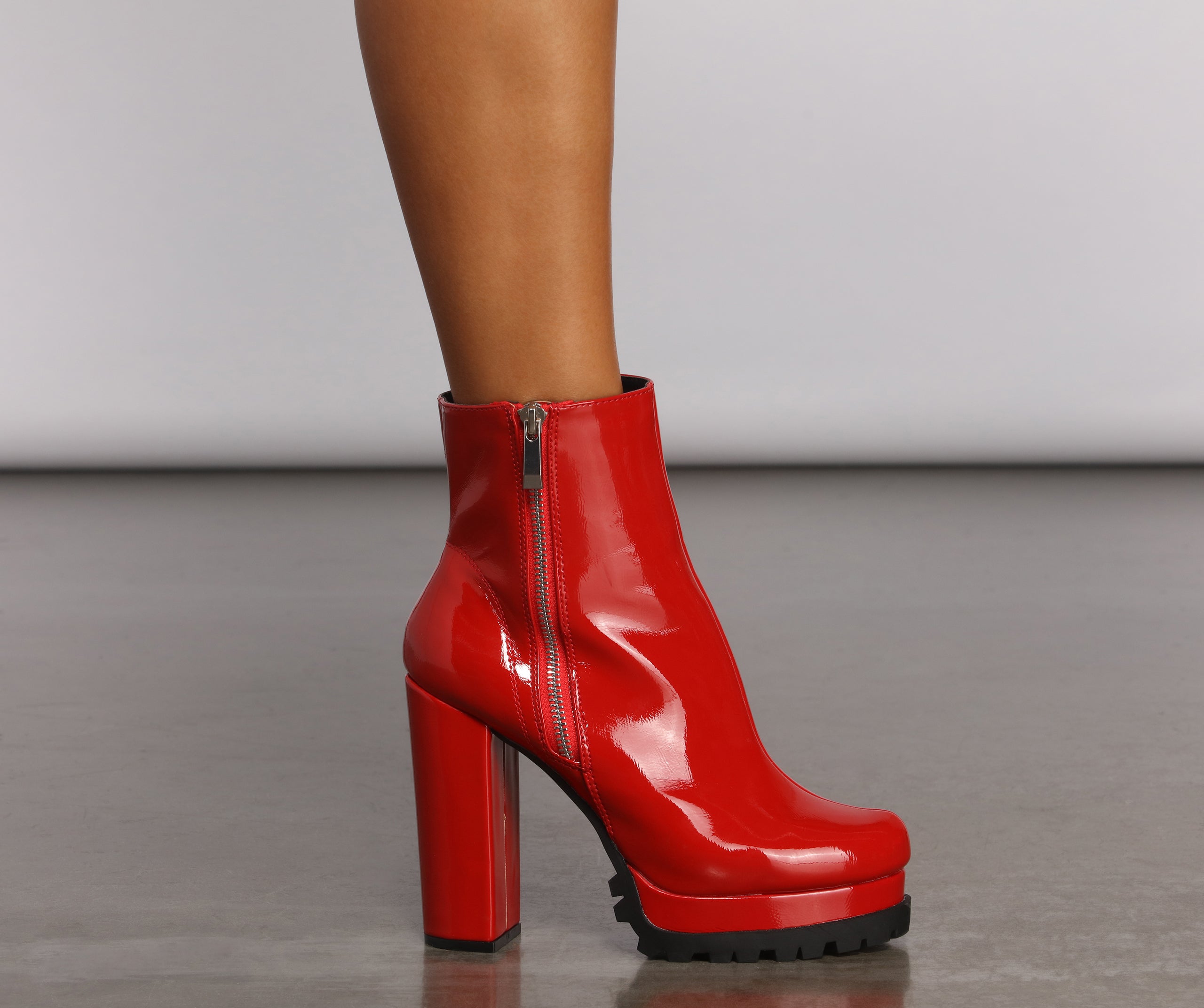 Red Hot Faux Patent Leather Lug Booties - Image 5