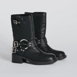 Sleek Deets Strappy Faux Leather Biker Boots