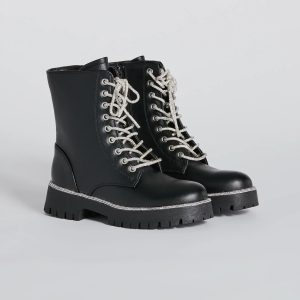 Glam Rockstar Rhinestone Lace-Up Combat Boots