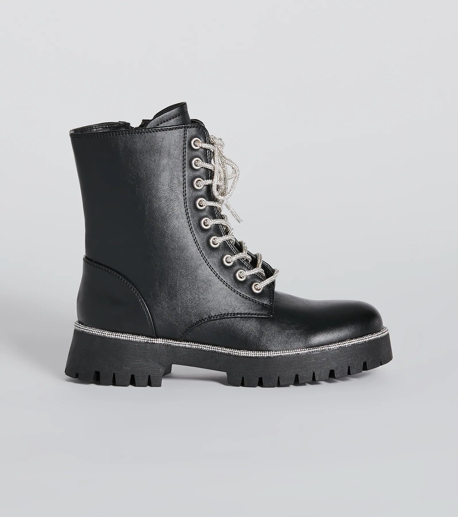 Glam Rockstar Rhinestone Lace-Up Combat Boots - Image 2