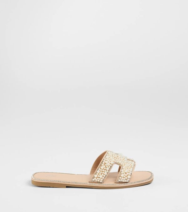 Simple Poise Faux Pearl Rhinestone Flat Sandals - Image 2