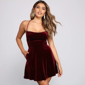 Amelia Lace-Up Back Velvet Skater Dress