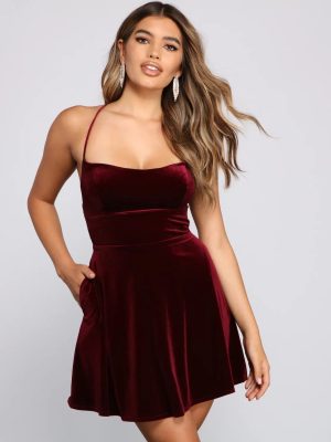 Amelia Lace-Up Back Velvet Skater Dress