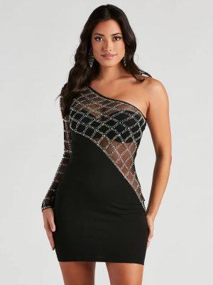 Arianna Rhinestone One-Shoulder Sheer Mini Dress