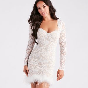 CLEARANCE - Natasha Lace Long Sleeve Feather Mini Dress
