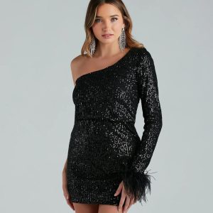 Devin Sequin One-Shoulder Marabou Mini Dress