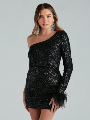 Devin Sequin One-Shoulder Marabou Mini Dress