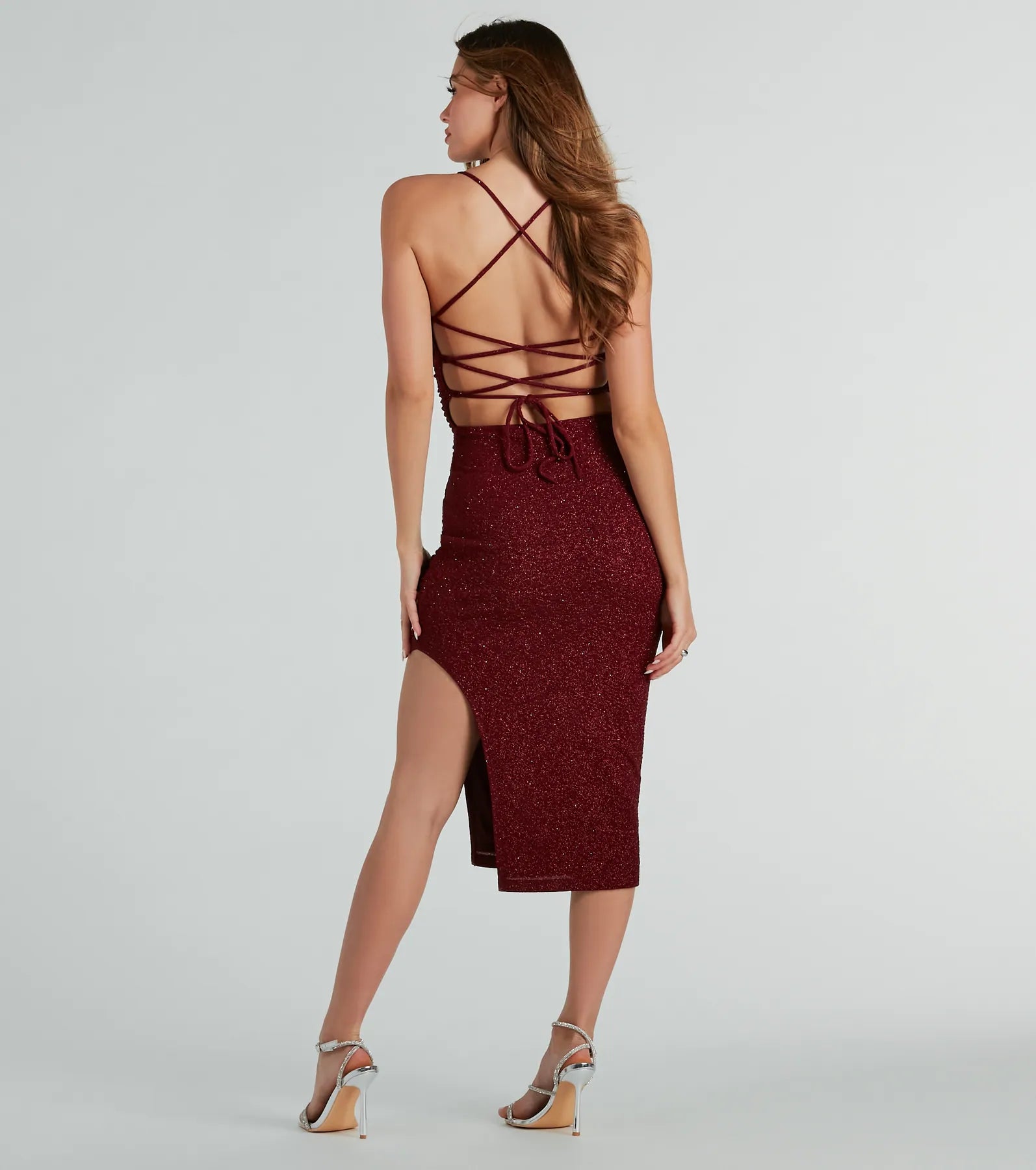 Adley Formal Glitter Lace-Up Midi Dress - Image 2