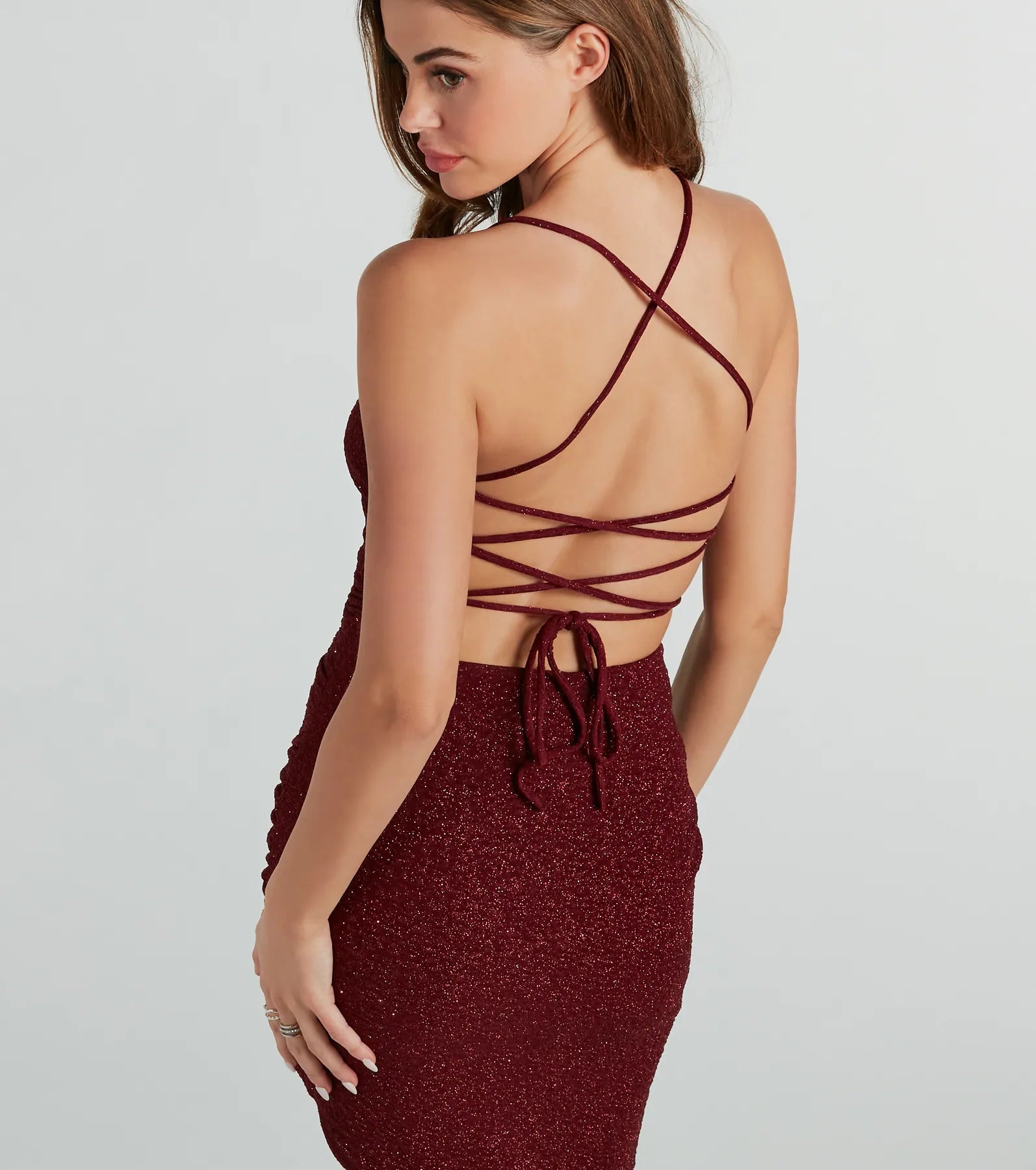 Adley Formal Glitter Lace-Up Midi Dress - Image 4
