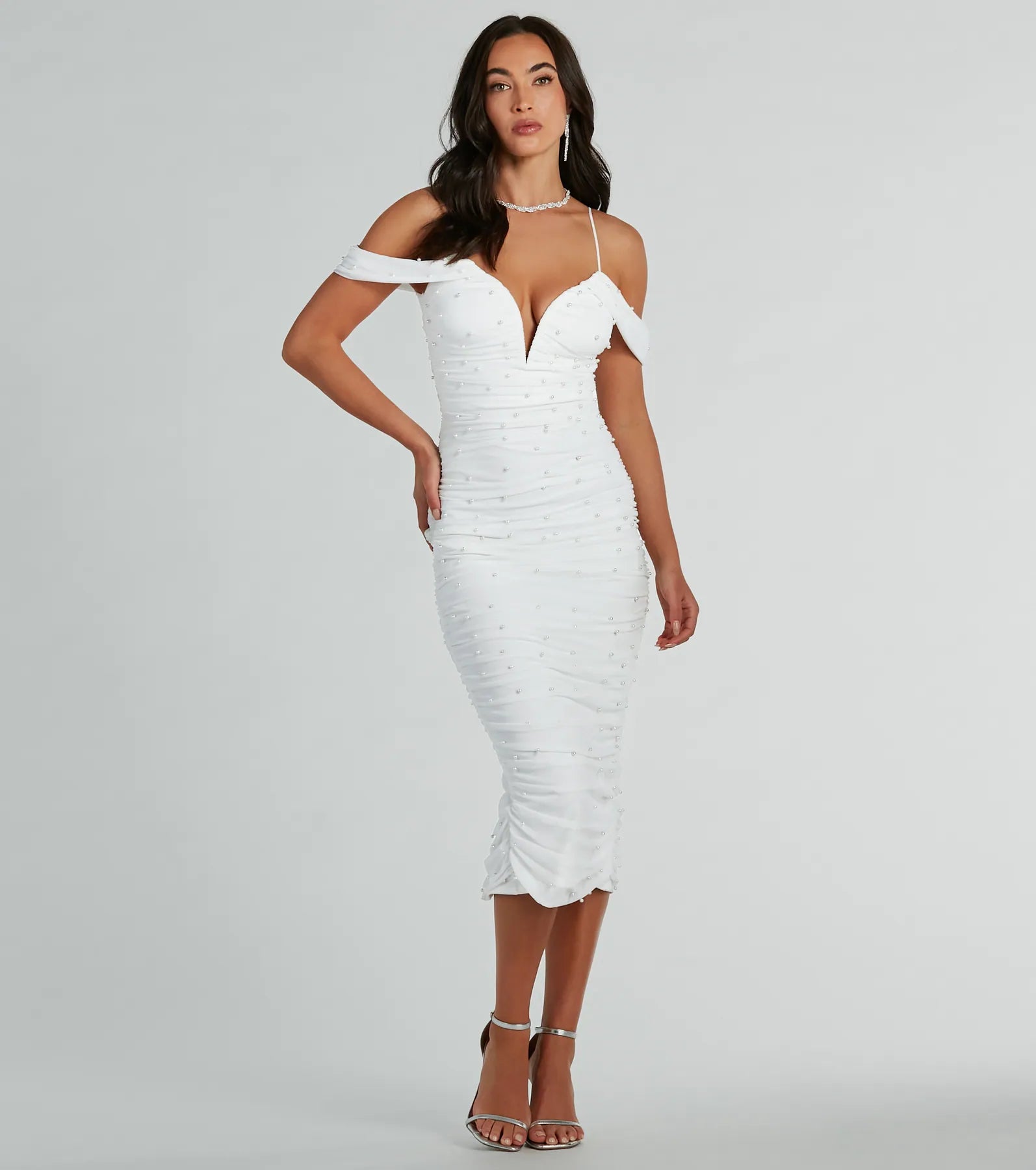 Anika Cold-Shoulder Pearl Mesh Formal Midi Dress - Image 5