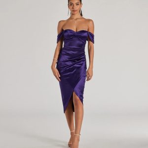 Gaia Satin Off-The-Shoulder Wrap Midi Dress