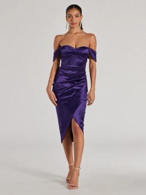 Gaia Satin Off-The-Shoulder Wrap Midi Dress