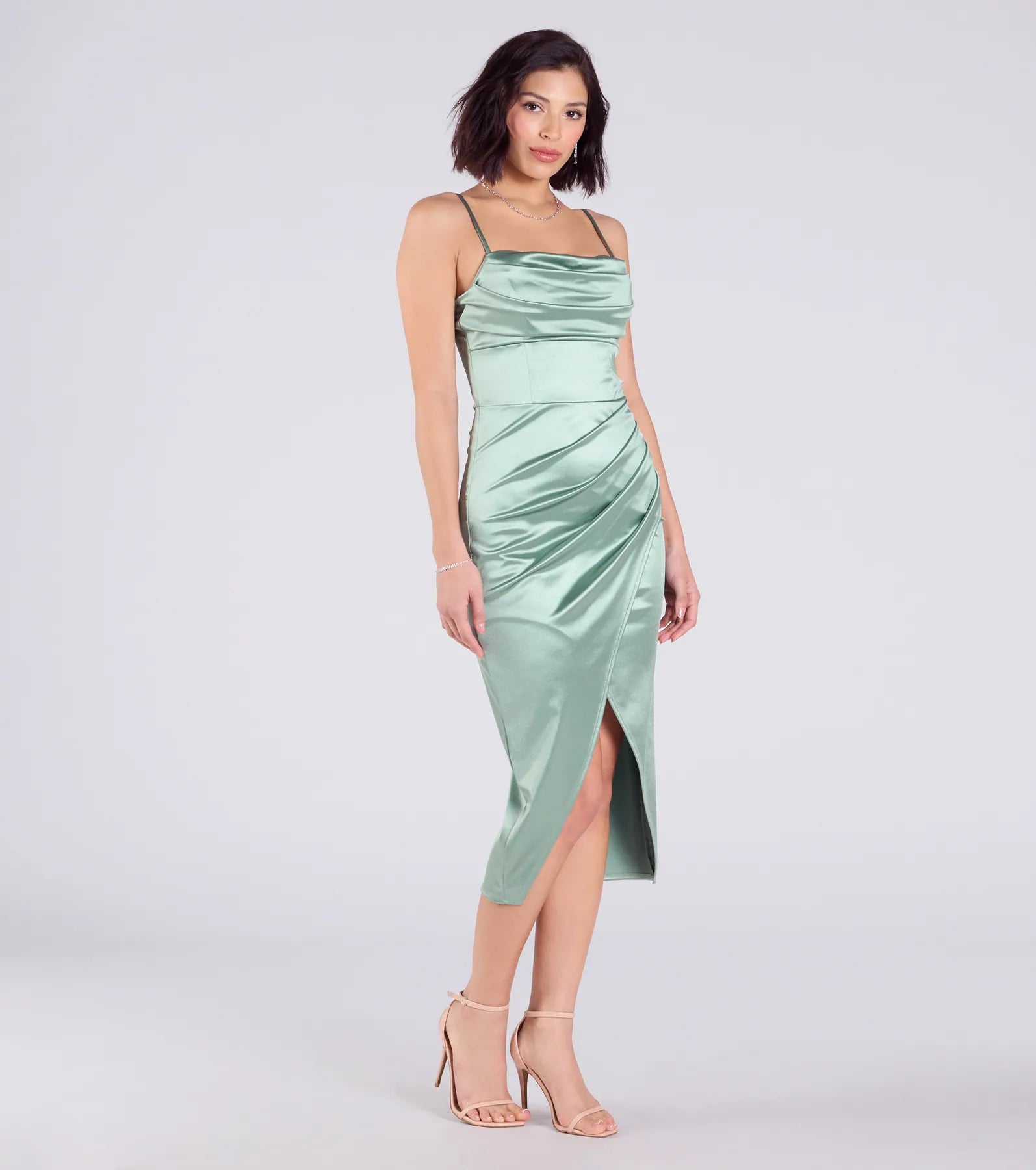 Kiley Cowl Neck Wrap Satin Midi Formal Dress - Image 8
