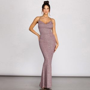 Nivea Mauve Glitter Cowl Neck Evening Gown