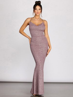 Nivea Mauve Glitter Cowl Neck Evening Gown