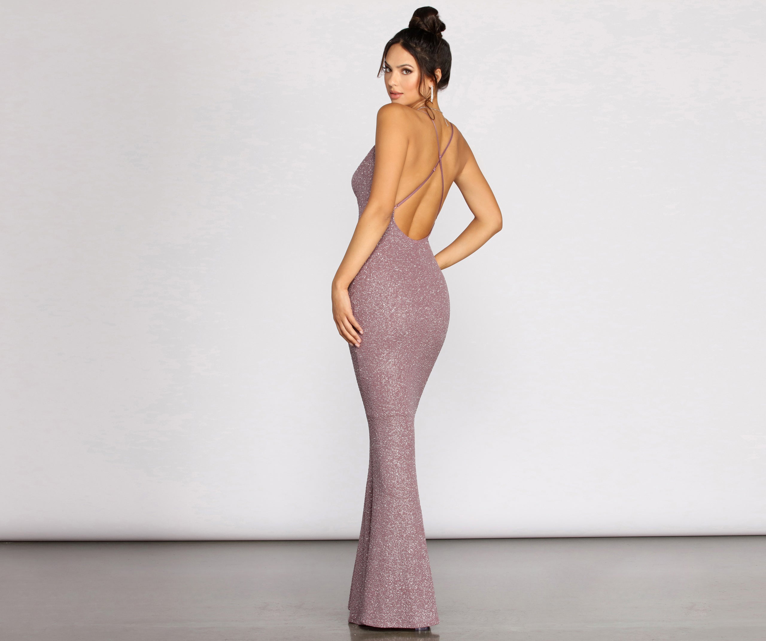 Nivea Mauve Glitter Cowl Neck Evening Gown - Image 2