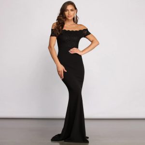 Sierra Formal Off the Shoulder Glitter and Lace Dress