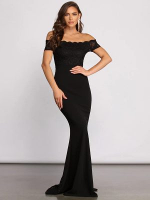 Sierra Formal Off the Shoulder Glitter and Lace Dress