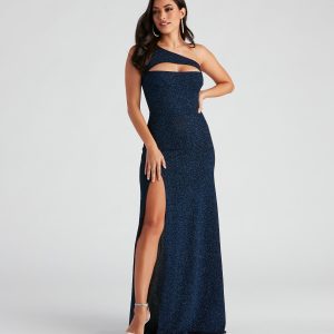 Alanna One-Shoulder Glitter Knit Formal Dress