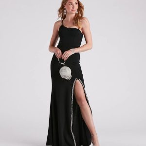 Raven Formal Crepe Rhinestone Trim Dress